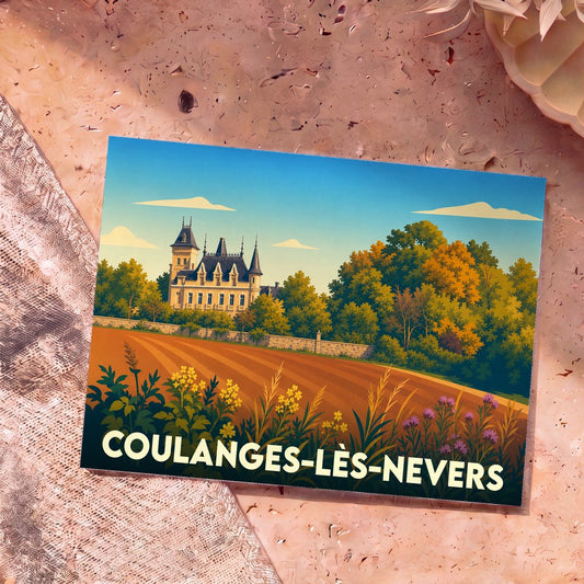 Carte postale souvenir de Coulanges-lès-Nevers illustrant un château entouré de champs et de fleurs dans un style rétro.