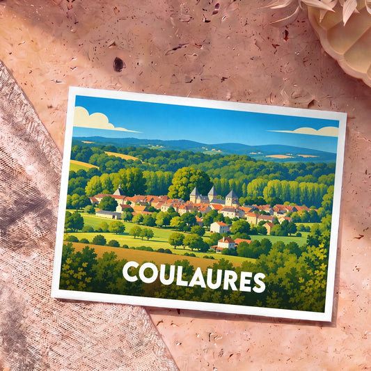 Carte postale souvenir de la ville de Coulaures avec une illustration stylisée de ses paysages et bâtiments.