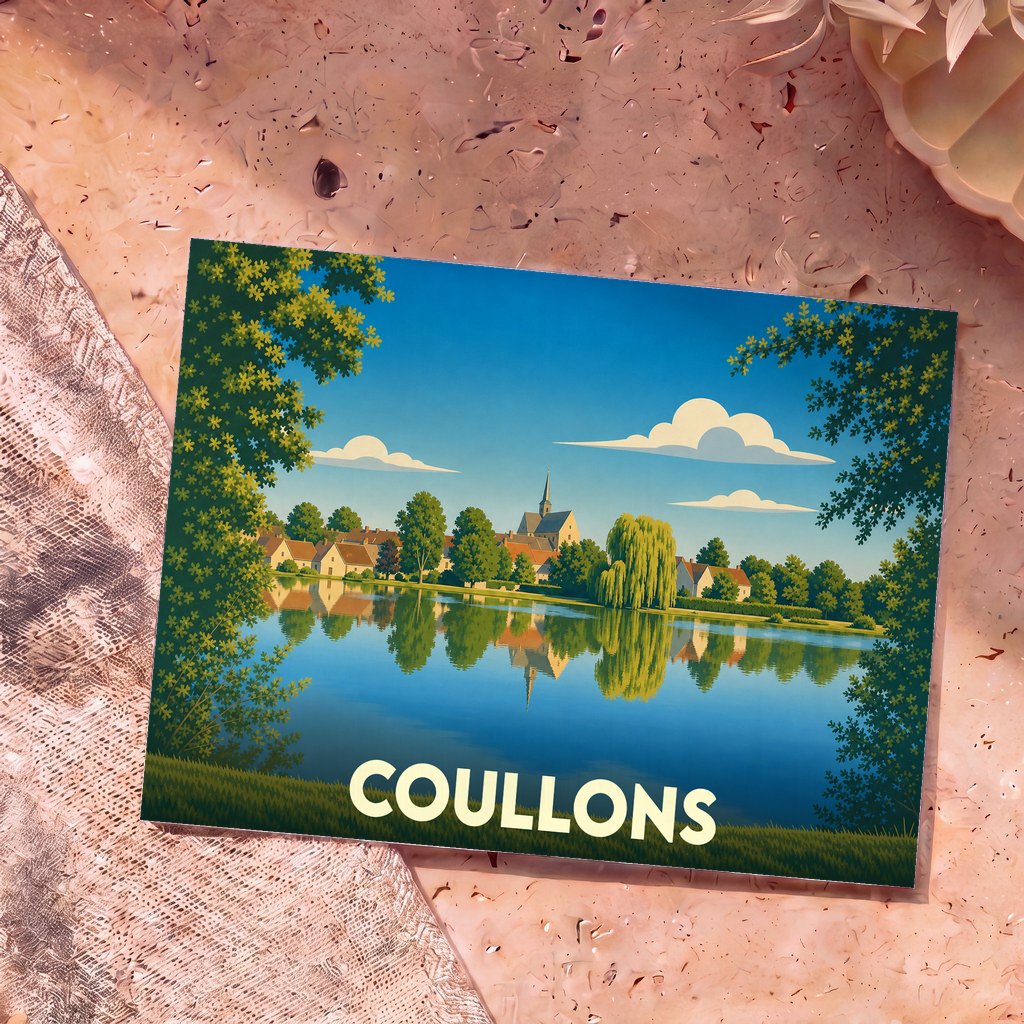 Carte postale souvenir de la ville de Coullons avec une illustration stylisée d'un village se reflétant dans l'eau.