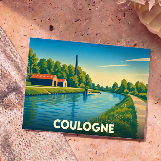 Carte postale souvenir de la ville de Coulogne avec une illustration stylisée d'un canal bordé de verdure.