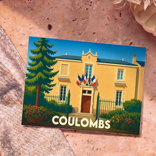 Carte postale souvenir de la ville de Coulombs avec une illustration stylisée de sa mairie.