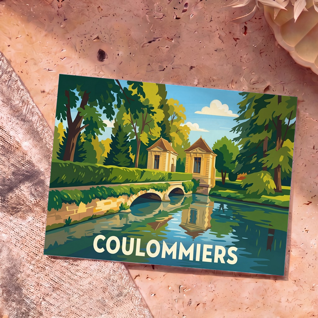 Carte postale souvenir de la ville de Coulommiers illustrant un pont en pierre et ses pavillons se reflétant dans l'eau.
