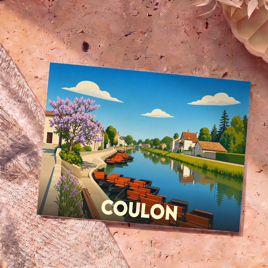 Carte postale souvenir de la ville de Coulon avec une illustration stylisée de barques sur la Sèvre Niortaise.