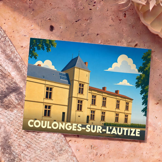 Carte postale souvenir de la ville de Coulonges-sur-l'Autize illustrant son château dans un style graphique épuré.