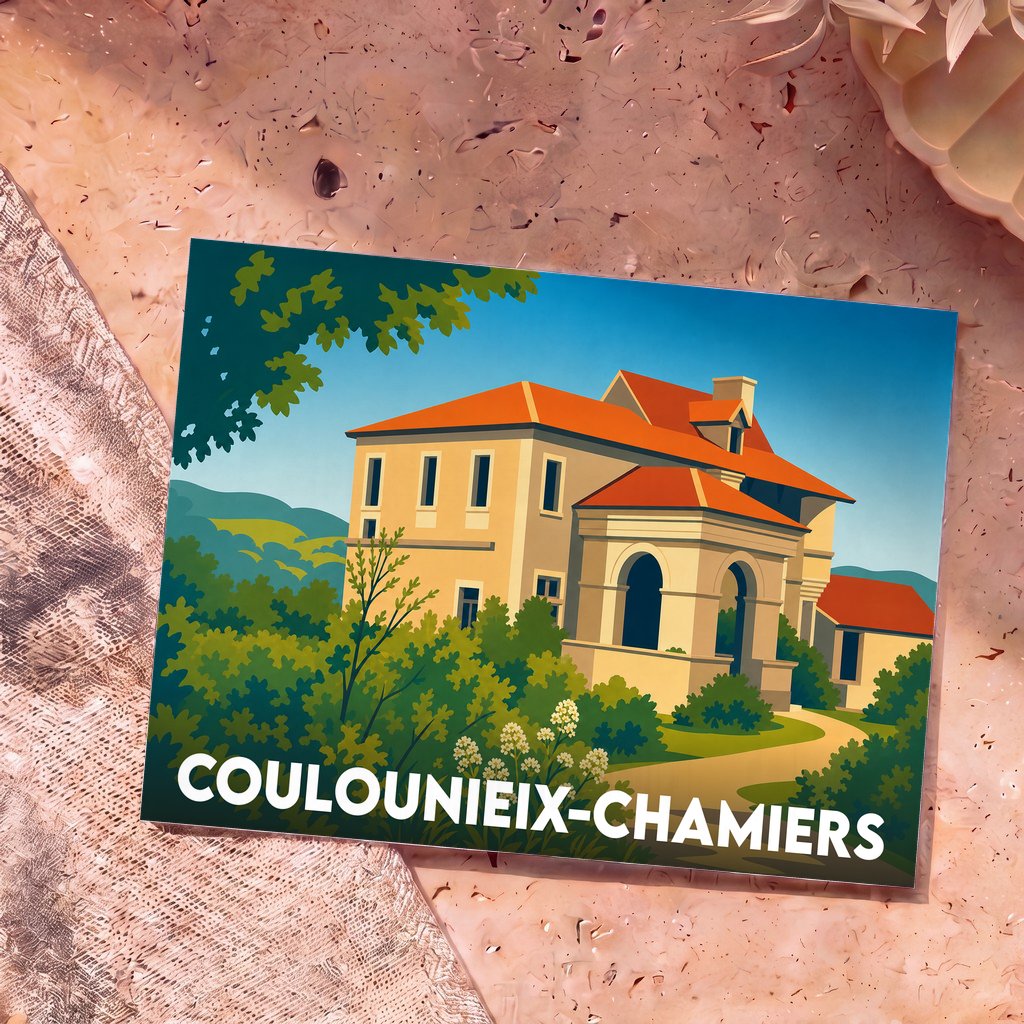Carte postale souvenir de la ville de Coulounieix-Chamiers avec une illustration stylisée d'une grande demeure.