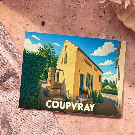 Carte postale souvenir de la ville de Coupvray avec une illustration stylisée d'une maison traditionnelle.