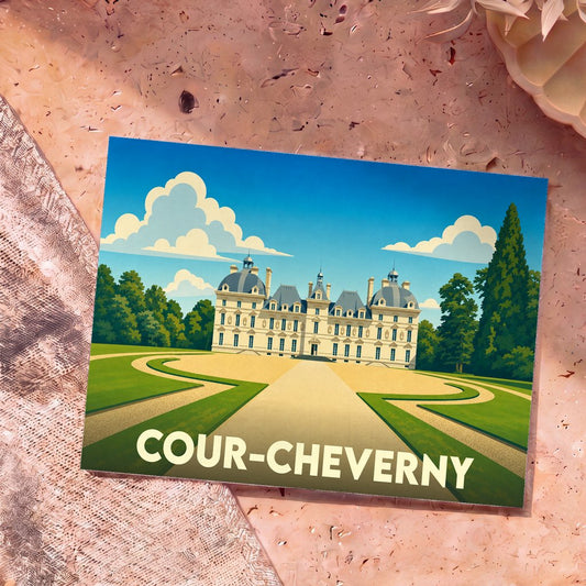 Carte postale souvenir de la ville de Cour-Cheverny avec une illustration stylisée du château.
