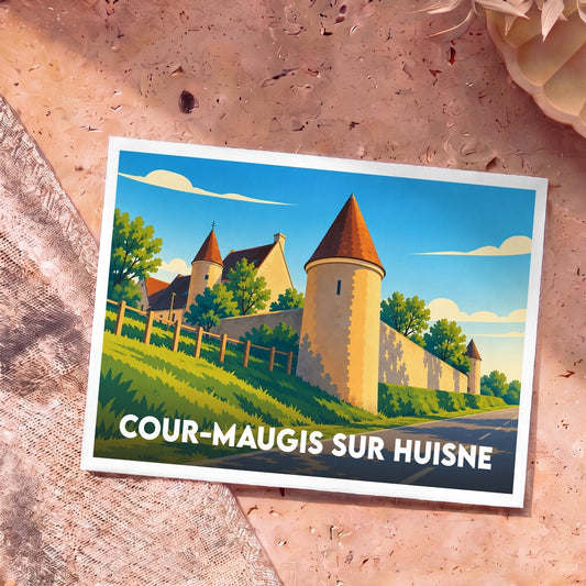 Carte postale souvenir de la ville de Cour-Maugis sur Huisne avec une illustration stylisée d'un château fortifié.