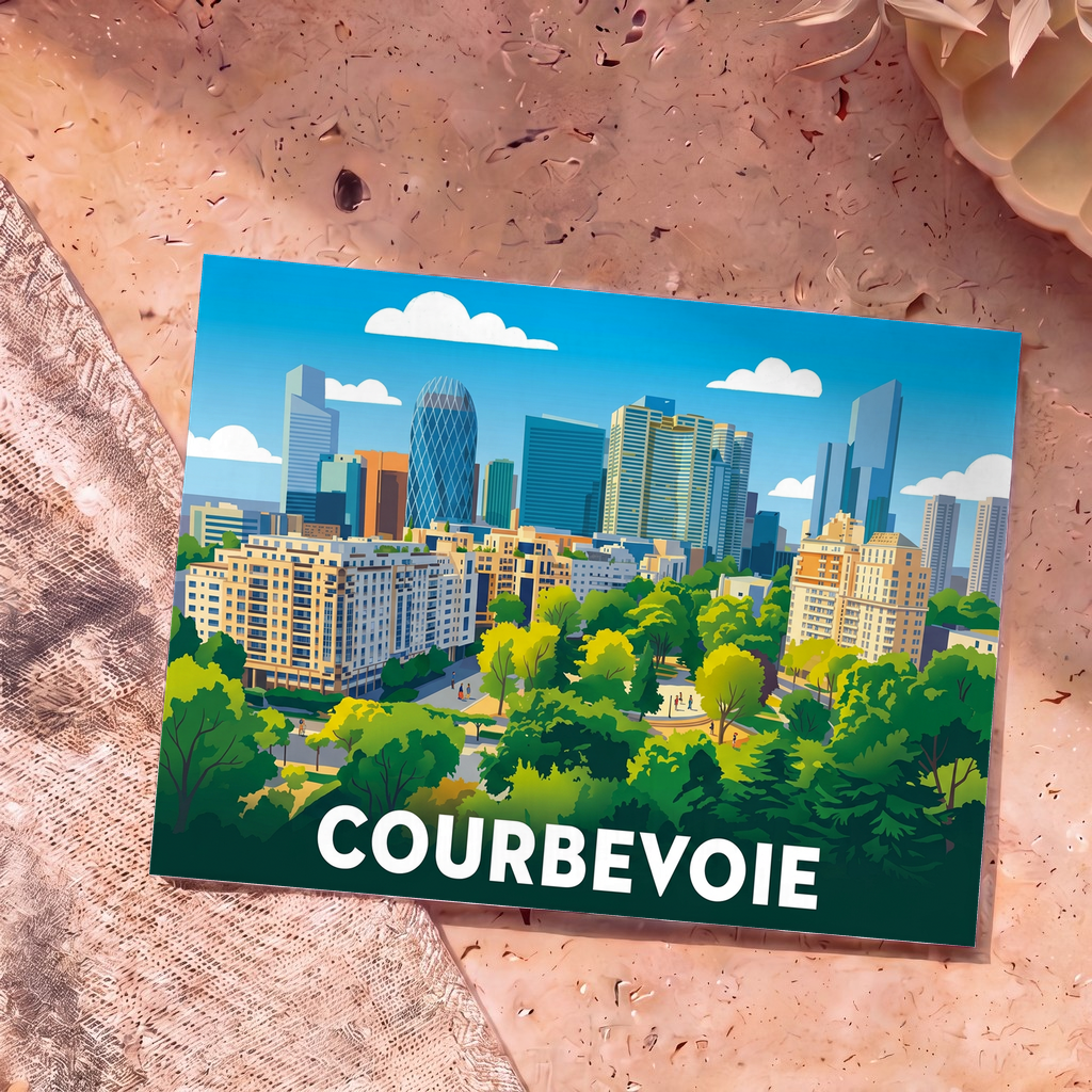 Carte postale souvenir de la ville de Courbevoie avec une illustration stylisée et colorée de son quartier d'affaires et de ses parcs.