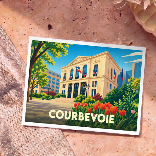 Carte postale souvenir de la ville de Courbevoie avec une illustration colorée de son hôtel de ville.