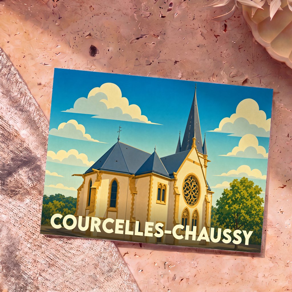 Carte postale souvenir de la ville de Courcelles-Chaussy avec une illustration stylisée de son église sous un ciel nuageux.