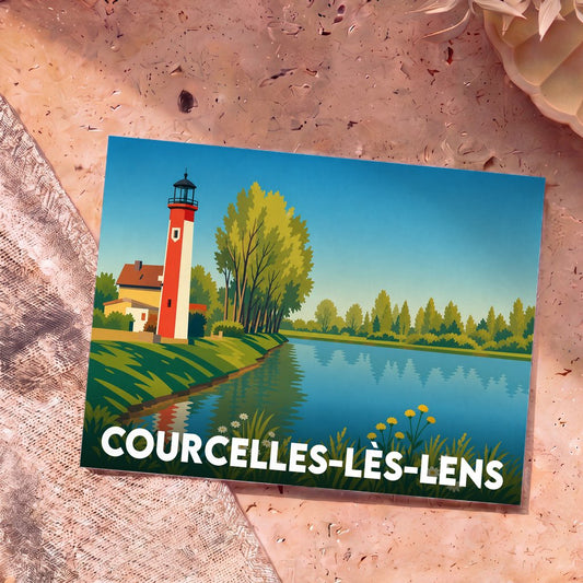 Carte postale souvenir de Courcelles-lès-Lens avec une illustration stylisée d'un phare au bord de l'eau.