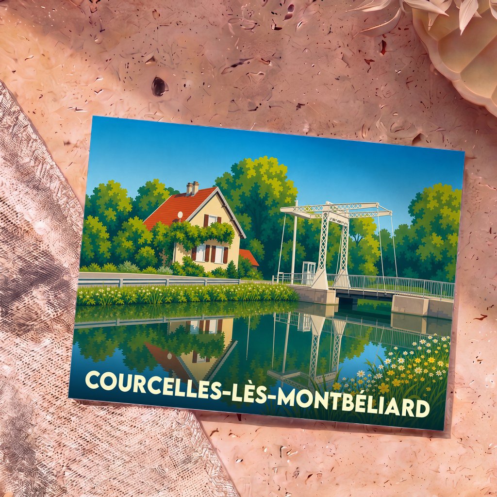 Carte postale souvenir de la ville de Courcelles-lès-Montbéliard avec une illustration stylisée d'un pont levant sur un canal.
