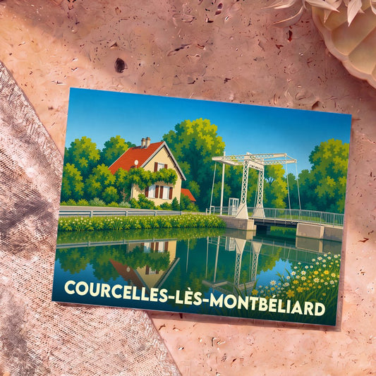 Carte postale souvenir de la ville de Courcelles-lès-Montbéliard avec une illustration stylisée d'un pont levant sur un canal.