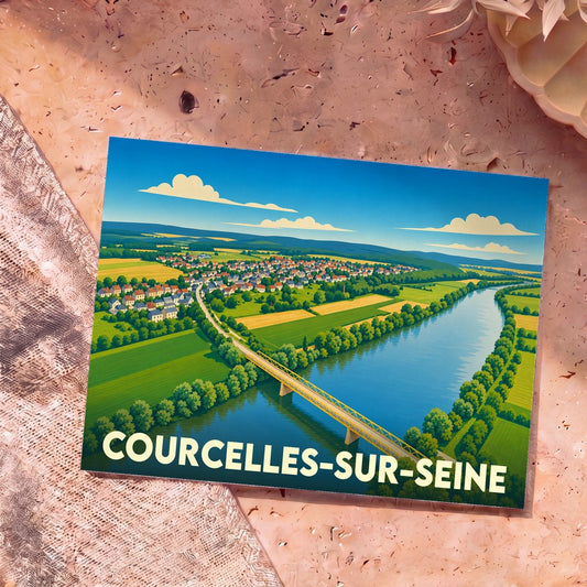 Carte postale souvenir de la ville de Courcelles-sur-Seine avec une illustration stylisée de ses paysages et de son pont.