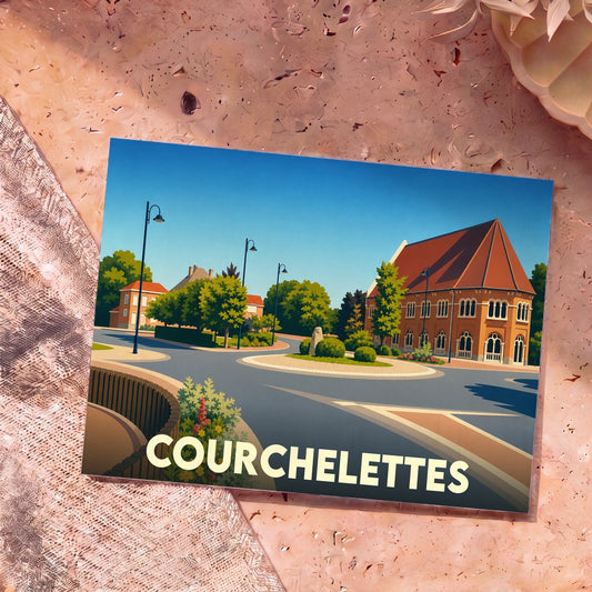 Carte postale souvenir de la ville de Courchelettes avec une illustration stylisée.