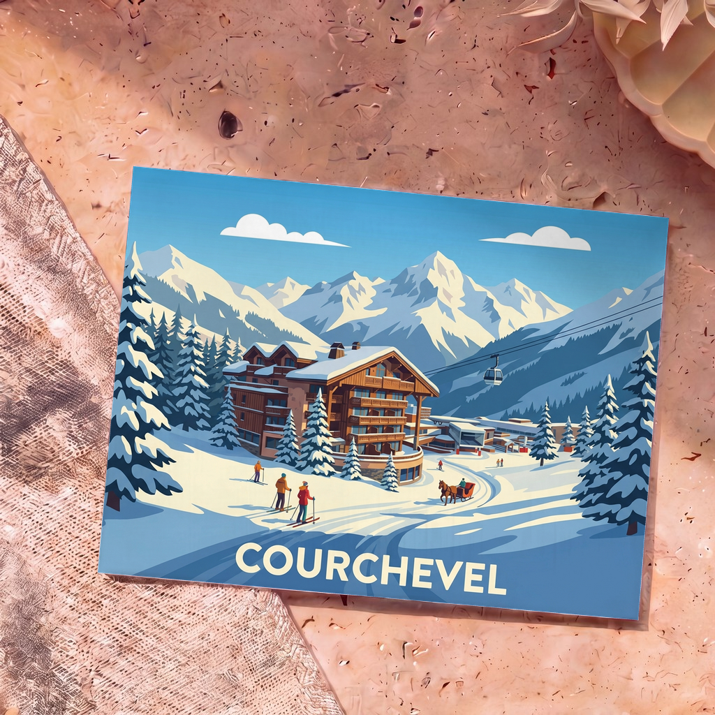Carte postale souvenir de la ville de Courchevel avec une illustration stylisée d'une station de ski en hiver.