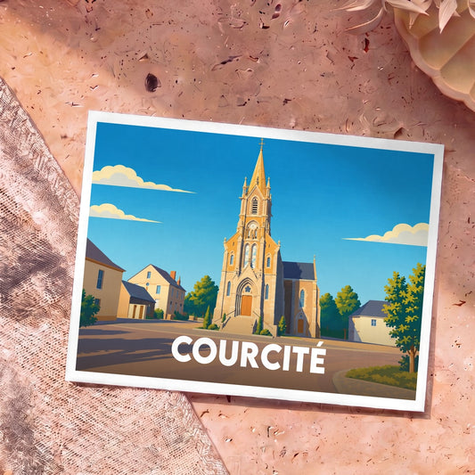 Carte postale souvenir de la ville de Courcité avec une illustration stylisée de son église sous un ciel bleu.