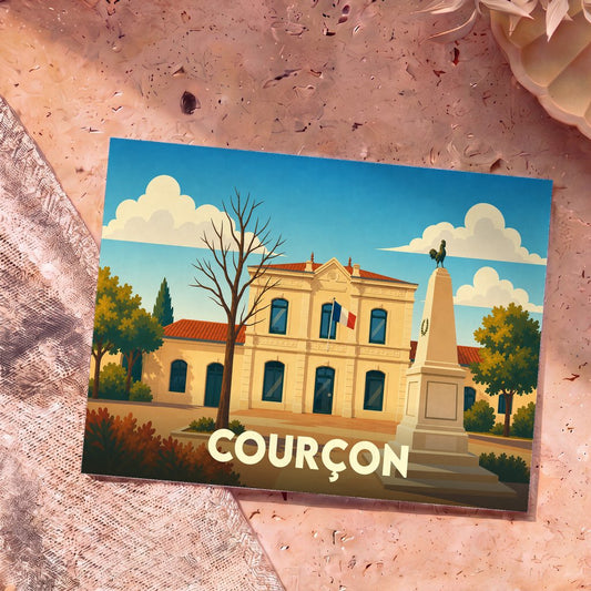 Carte postale souvenir de la ville de Courçon avec une illustration stylisée de sa mairie et de son monument aux morts.
