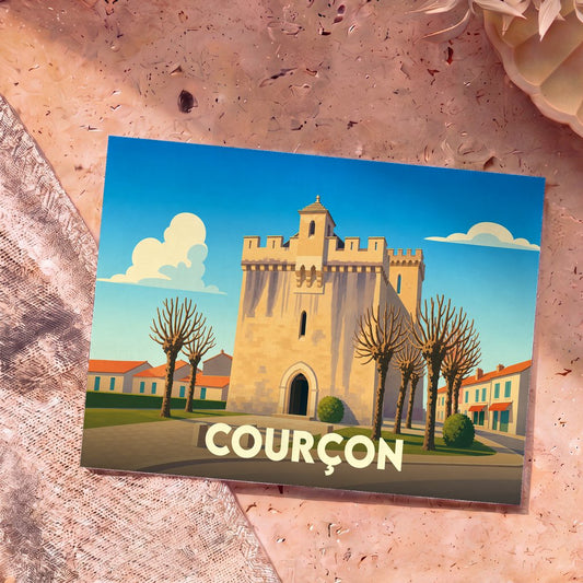 Carte postale souvenir de la ville de Courçon avec une illustration stylisée de son église fortifiée.