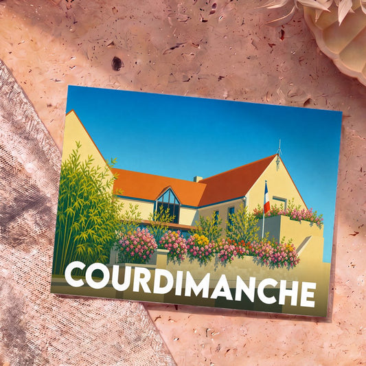 Carte postale souvenir de la ville de Courdimanche avec une illustration stylisée d'un bâtiment fleuri sous un ciel bleu.
