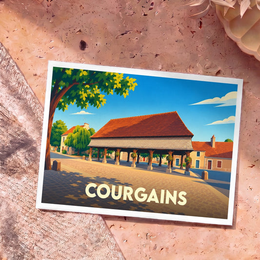 Carte postale souvenir de la ville de Courgains illustrant ses halles historiques dans un style graphique épuré.