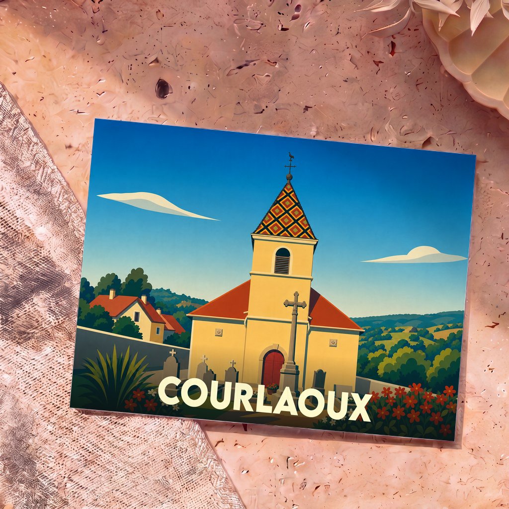 Carte postale souvenir de la ville de Courlaoux avec une illustration stylisée de son église au toit coloré.