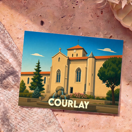 Carte postale souvenir de la ville de Courlay illustrant son église et une fontaine dans un style graphique épuré.
