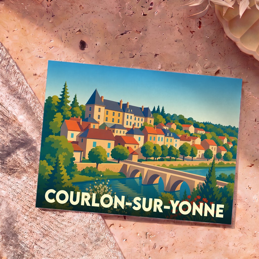Carte postale souvenir de la ville de Courlon-sur-Yonne avec une illustration stylisée d'un village en bord de rivière.