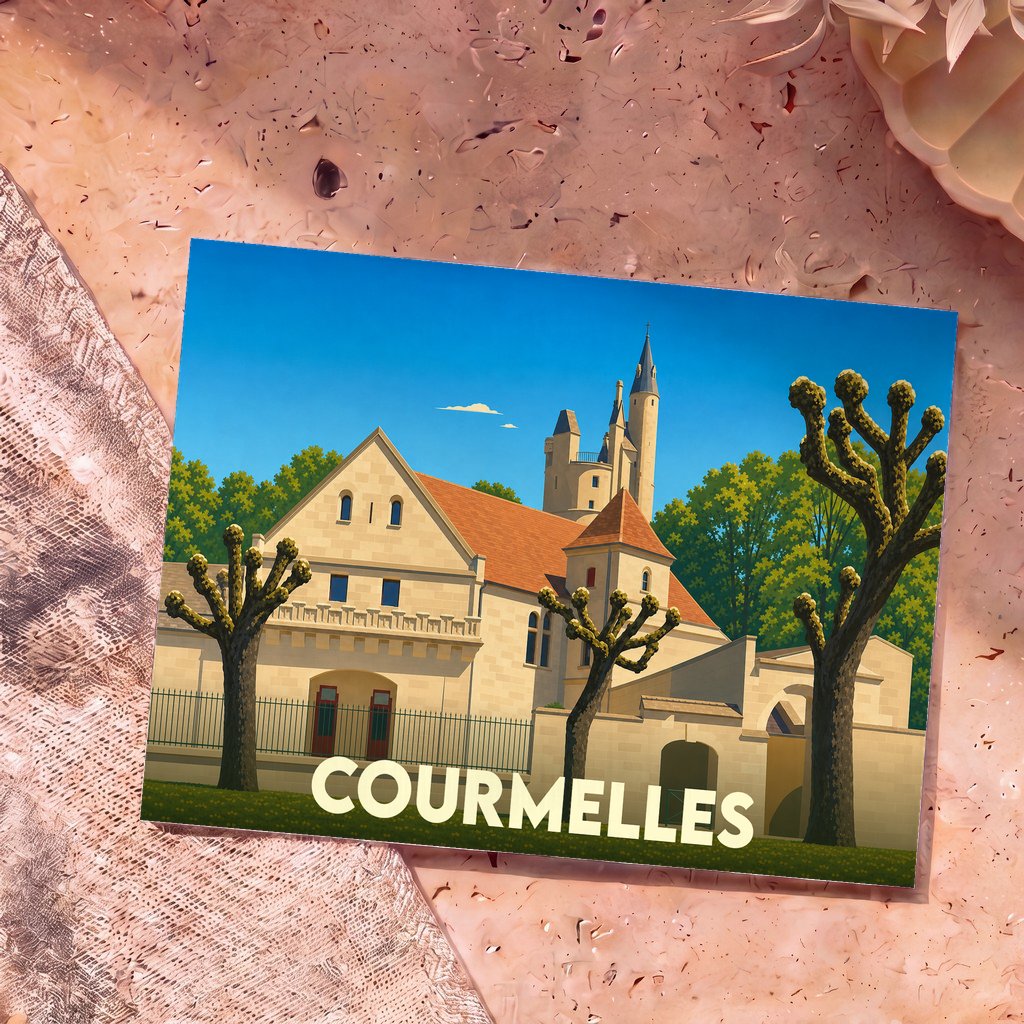 Carte postale souvenir de la ville de Courmelles avec une illustration stylisée de son patrimoine architectural.