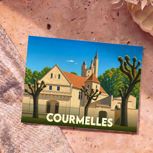 Carte postale souvenir de la ville de Courmelles avec une illustration stylisée de son patrimoine architectural.