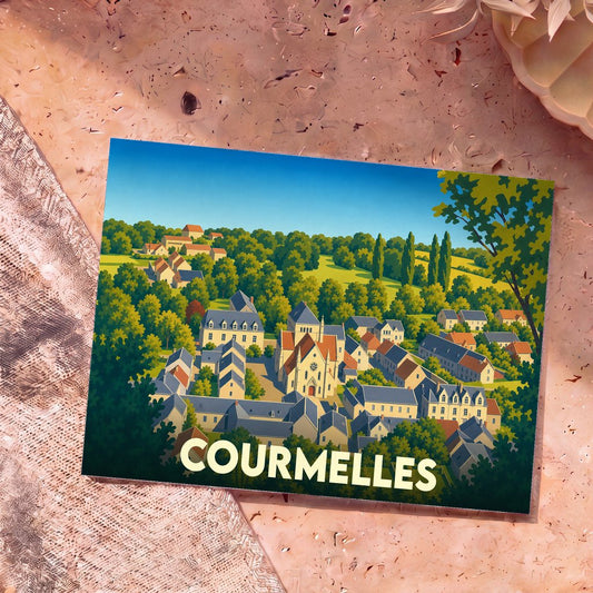 Carte postale souvenir de la ville de Courmelles avec une illustration stylisée et colorée du village.