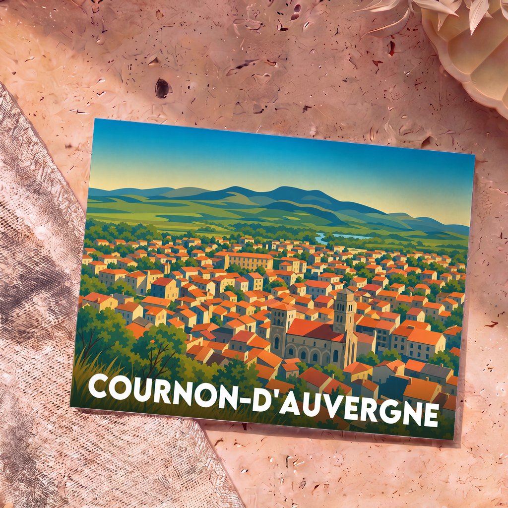 Carte postale souvenir de la ville de Cournon-d'Auvergne avec une illustration stylisée.