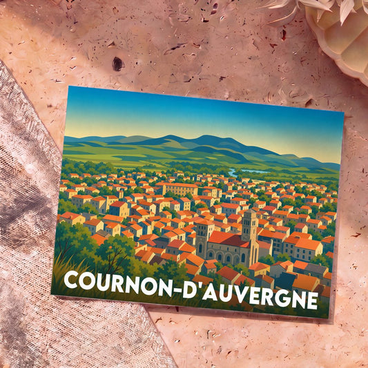 Carte postale souvenir de la ville de Cournon-d'Auvergne avec une illustration stylisée.