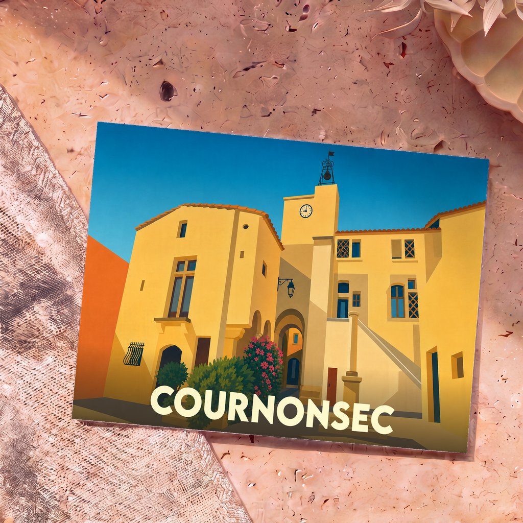 Carte postale souvenir de la ville de Cournonsec avec une illustration stylisée de ses bâtiments anciens.