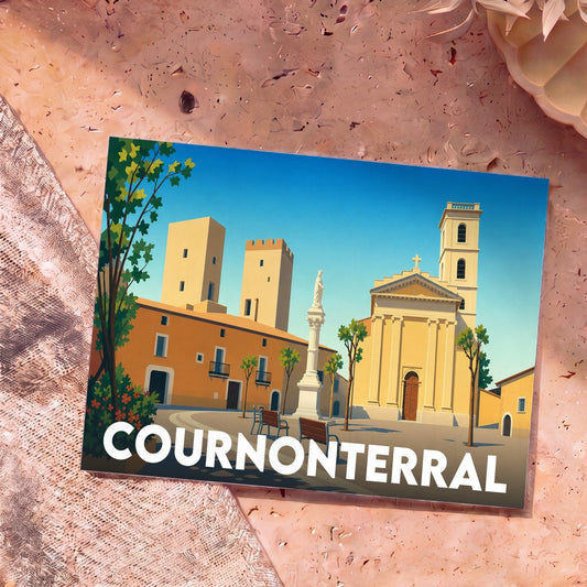 Carte postale souvenir de la ville de Cournonterral avec une illustration stylisée de sa place principale et de son église.