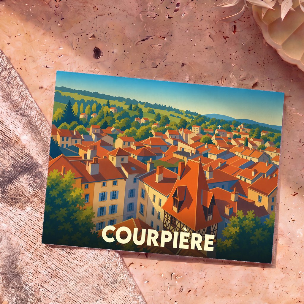 Carte postale souvenir de la ville de Courpière avec une illustration stylisée de ses toits orangés et des collines environnantes.