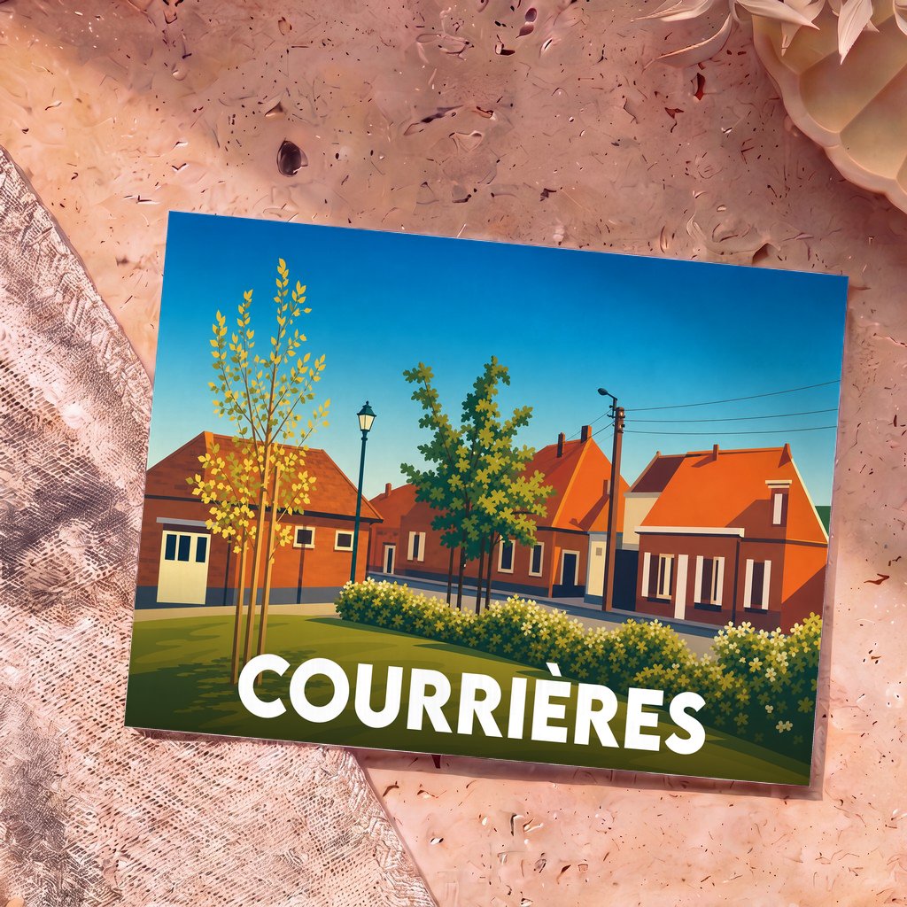 Carte postale souvenir de la ville de Courrières avec une illustration stylisée d'un quartier résidentiel.