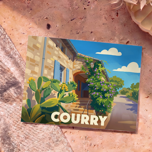 Carte postale souvenir de la ville de Courry arborant une illustration stylisée d'une maison en pierre sous le soleil.