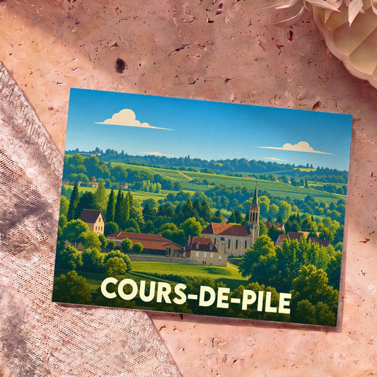 Carte postale souvenir de la ville de Cours-de-Pile avec une illustration stylisée d'un paysage de campagne et d'un clocher.