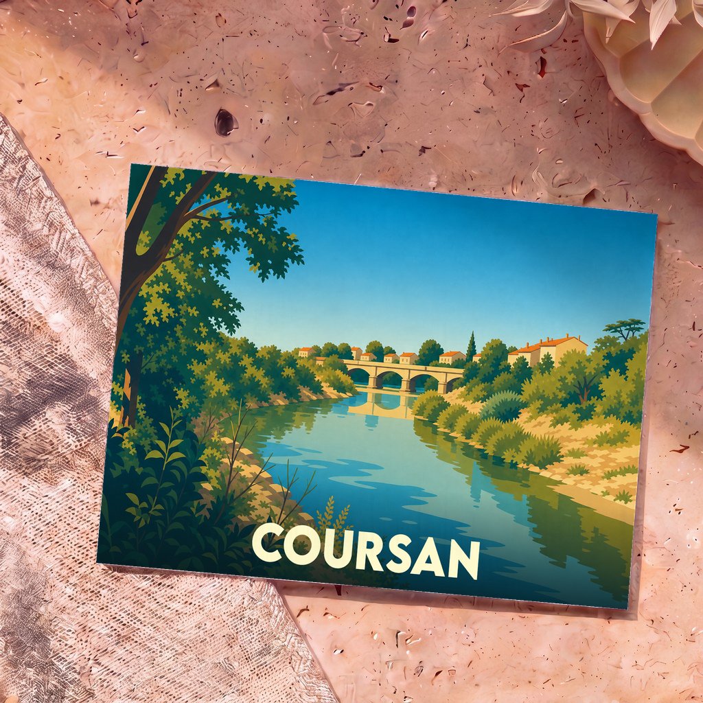 Carte postale souvenir de la ville de Coursan illustrant son pont sur l'Aude dans un style graphique et coloré.