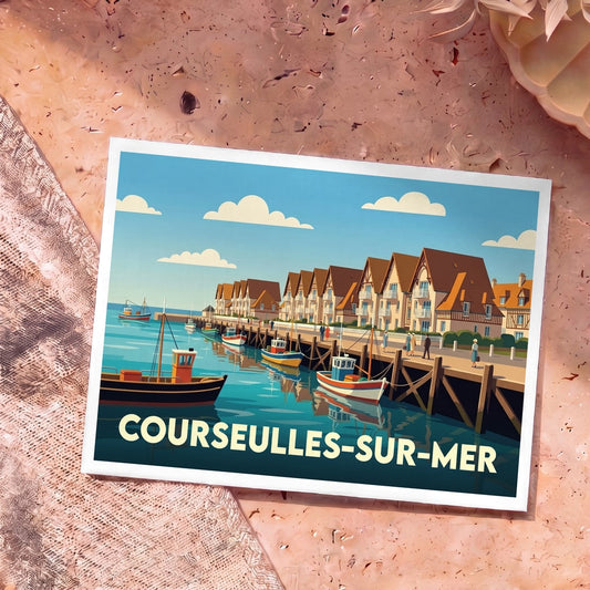Carte postale souvenir de la ville de Courseulles-sur-Mer avec une illustration stylisée du port et de ses maisons à colombages.