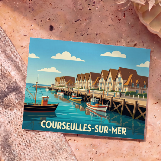 Carte postale souvenir de la ville de Courseulles-sur-Mer avec une illustration stylisée du port et de ses maisons à colombages.