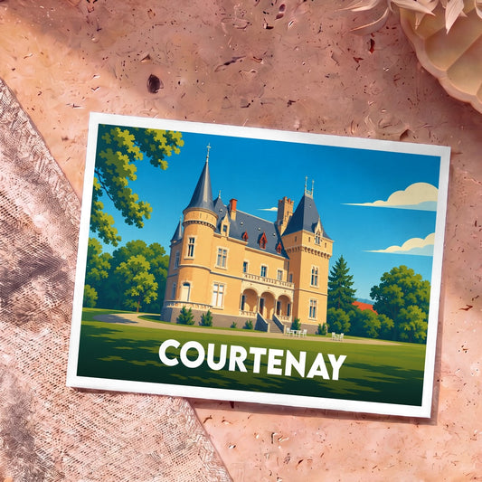 Carte postale souvenir de la ville de Courtenay avec une illustration stylisée d'un château.