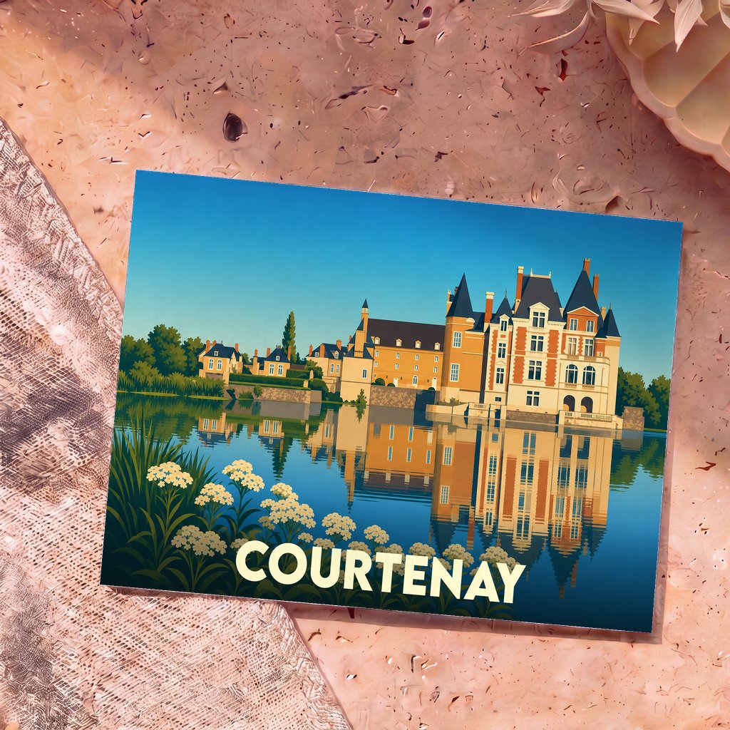 Carte postale souvenir de la ville de Courtenay avec une illustration stylisée d'un château se reflétant dans l'eau.