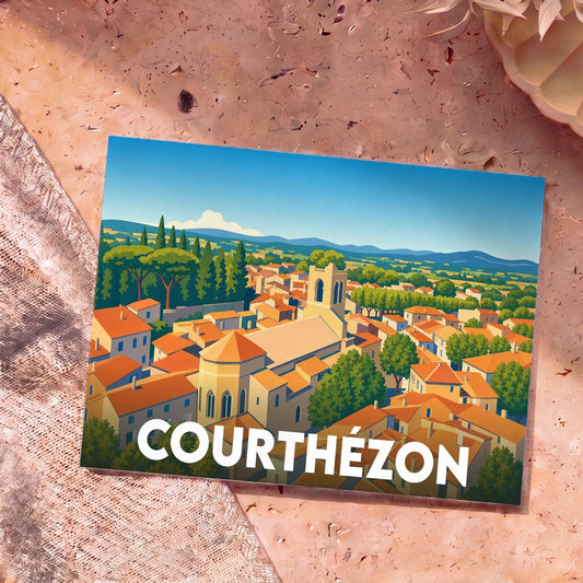 Carte postale souvenir de la ville de Courthézon avec une illustration colorée et stylisée de ses toits provençaux.