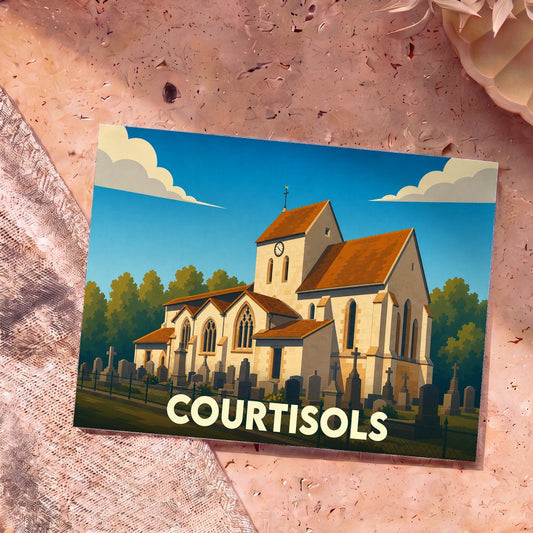 Carte postale souvenir de la ville de Courtisols avec une illustration stylisée de son église et de son cimetière.