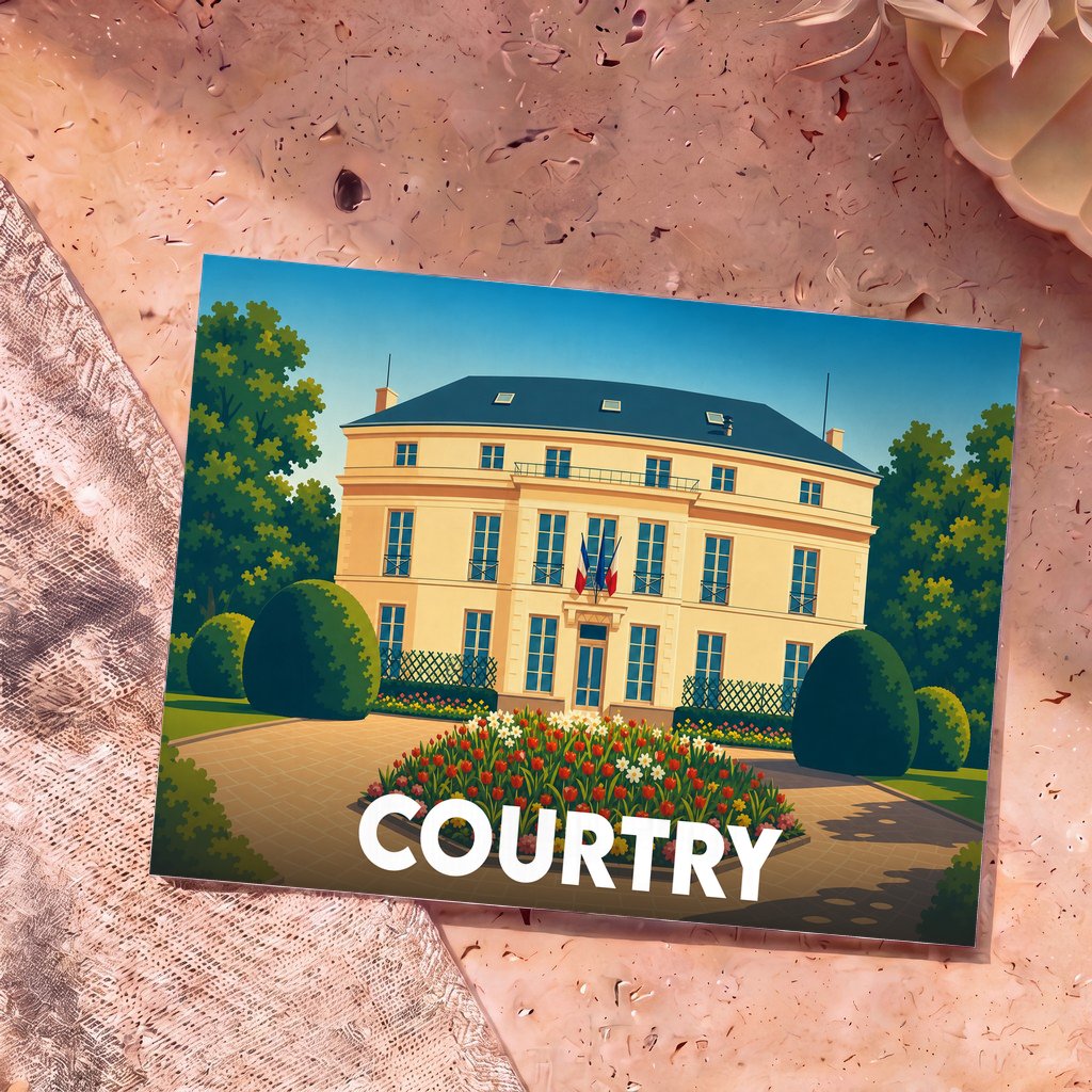 Carte postale souvenir de la ville de Courtry illustrant une grande demeure bourgeoise de style classique.