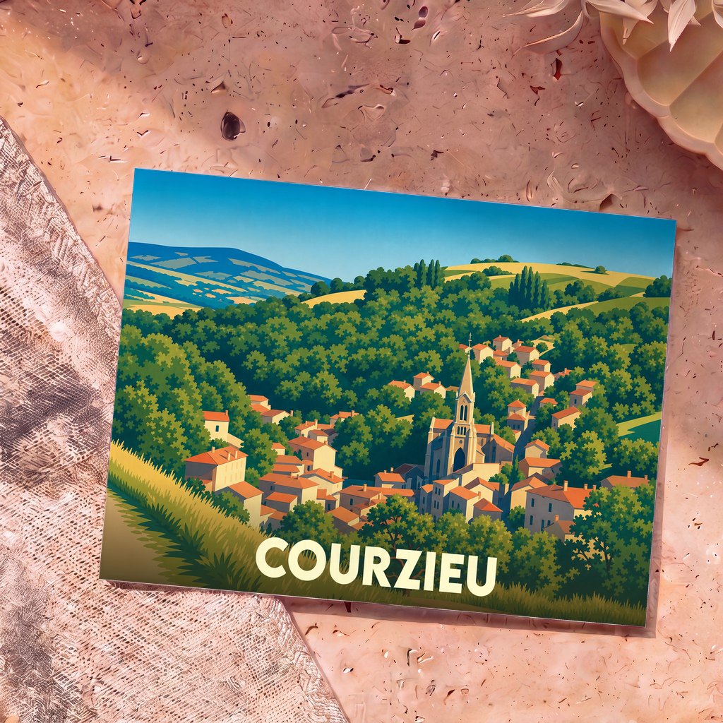 Carte postale souvenir de la ville de Courzieu avec une illustration stylisée d'un village vallonné.