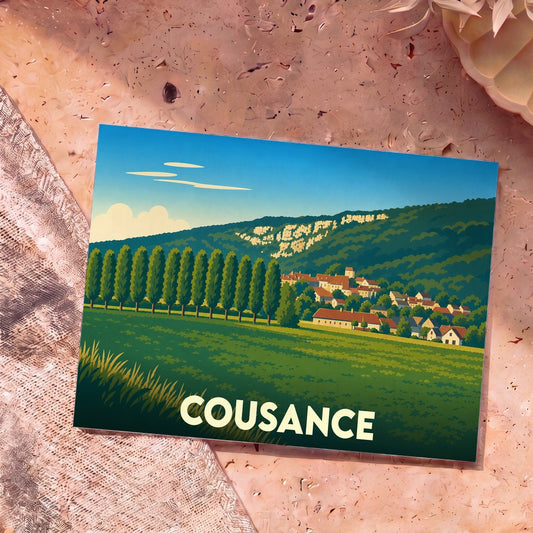 Carte postale souvenir de la ville de Cousance avec une illustration stylisée de son paysage vallonné.